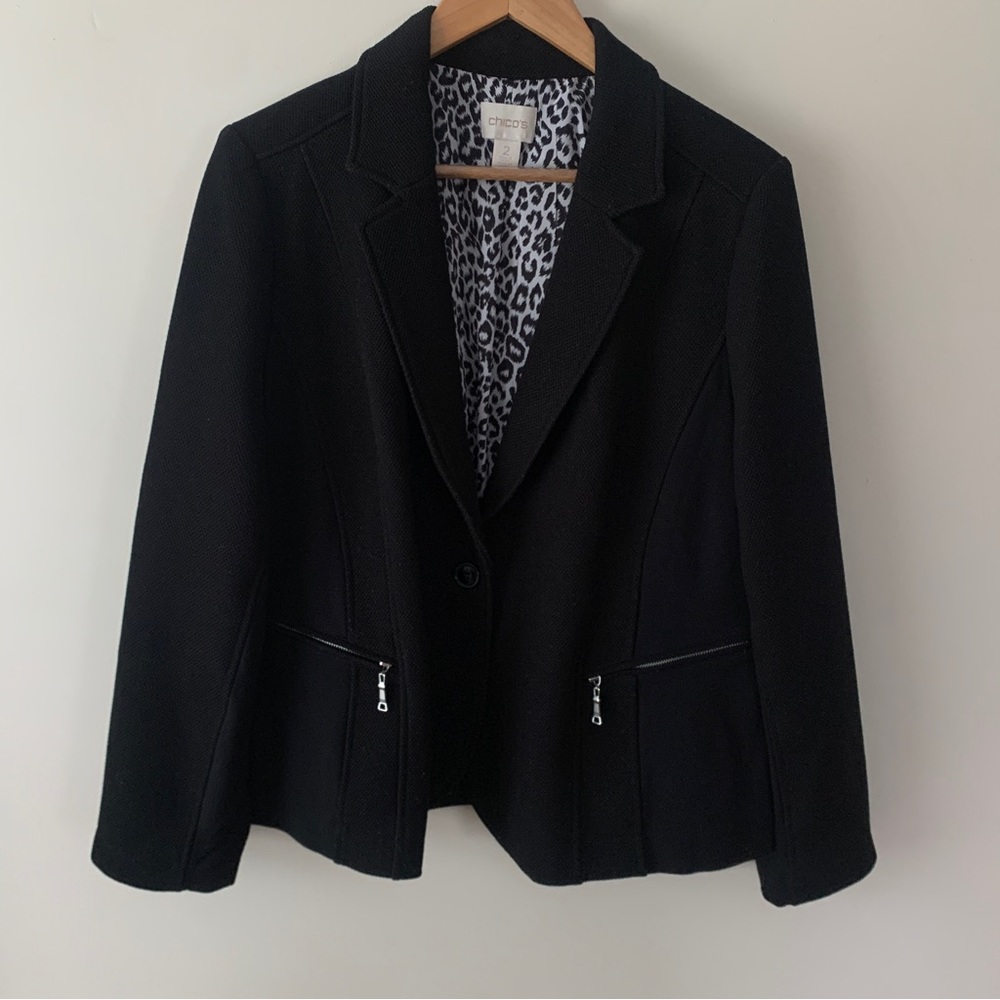 Chico's Black Stretch Knit Zipper Pocket Blazer - Sz Large/12 (Chicos Sz 2)